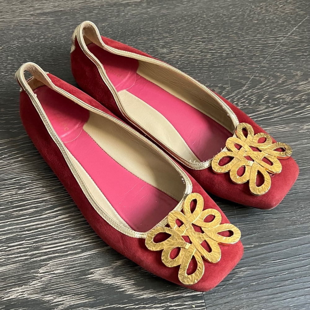 Vtg Kate Spade New York Red Suede Ballet Flats Gold Ornament Square Toe Italy 6B